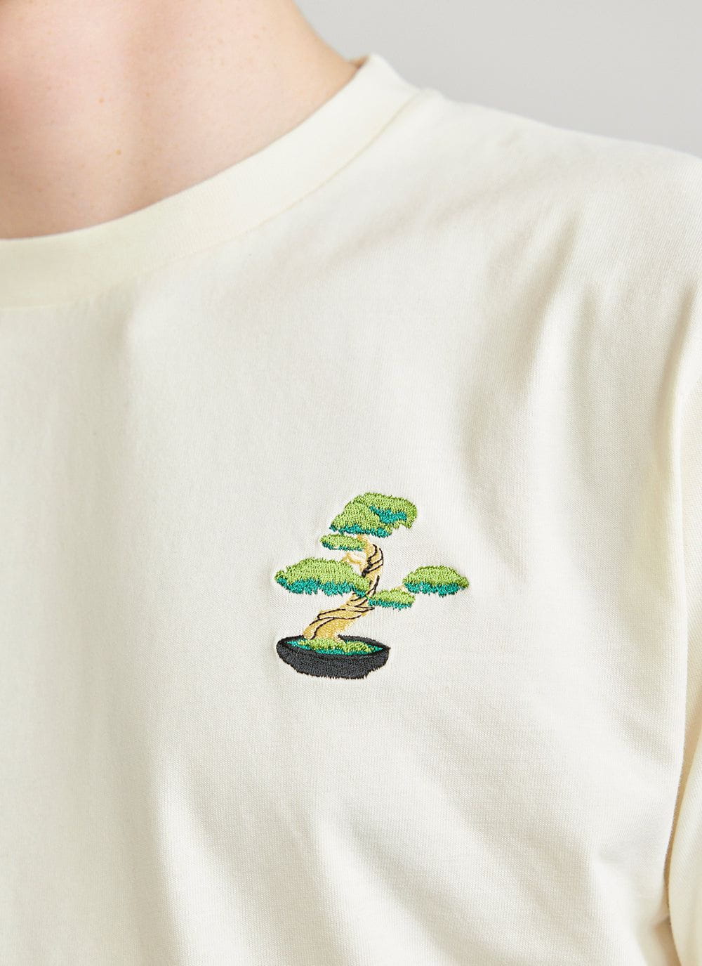 Bonsai Tree T Shirt | Embroidered Organic Cotton | Ecru | Percival