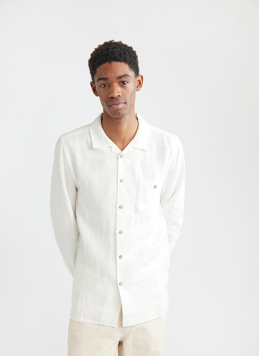Men's Long Sleeve Linen Shirt | Cuban Collar Shirt | White | Percival ...