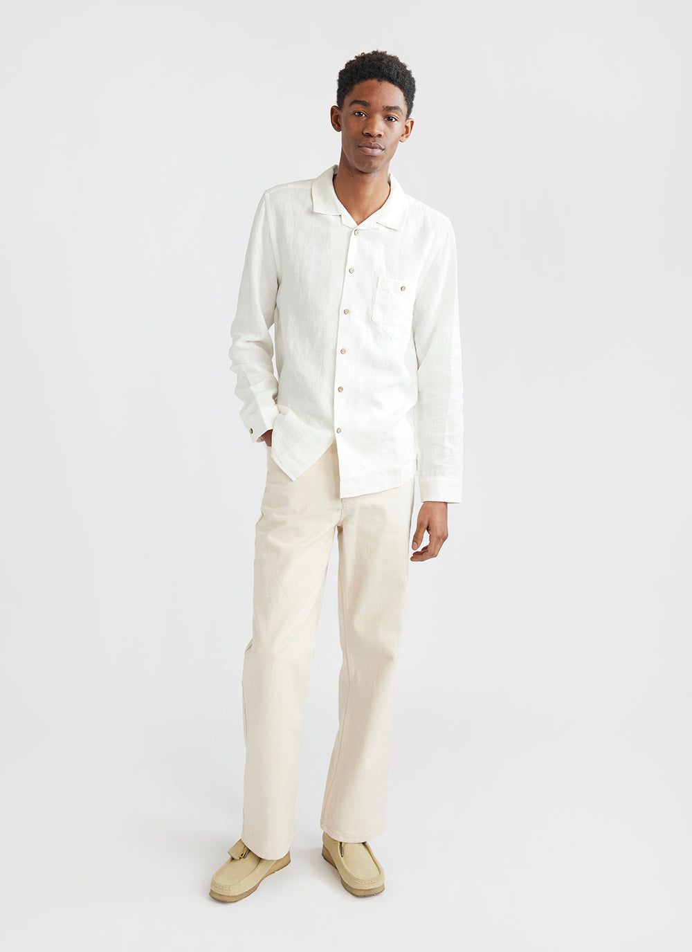 Men's Long Sleeve Linen Shirt | Cuban Collar Shirt | White | Percival ...