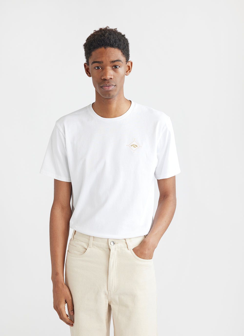 Men's Embroidered T Shirt | Percival Key | White | Percival Menswear