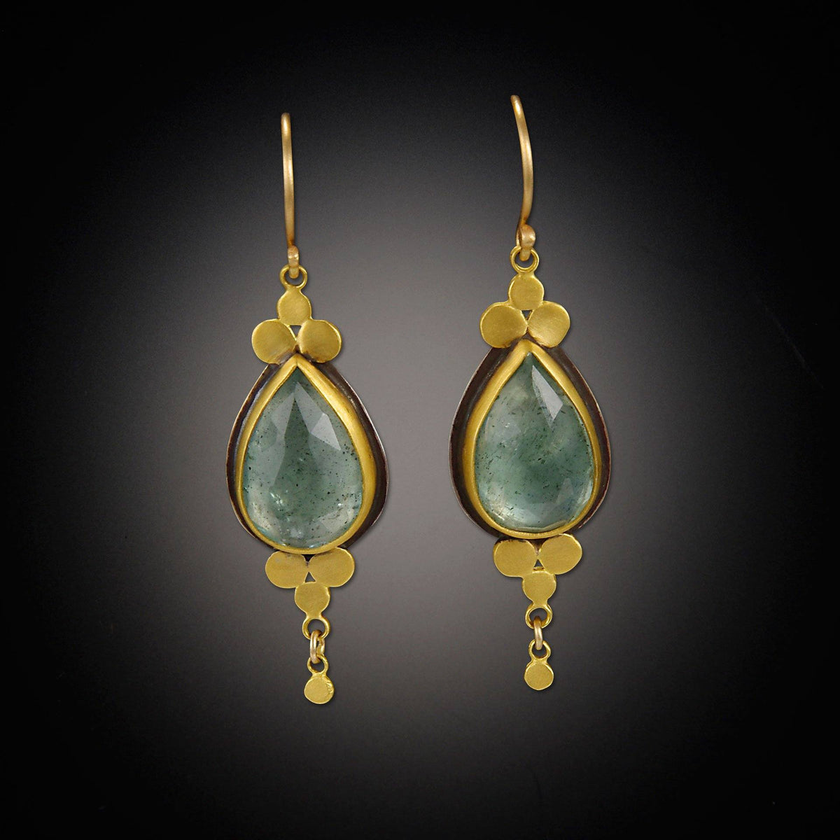 Moss Aquamarine Earrings with Gold Trios