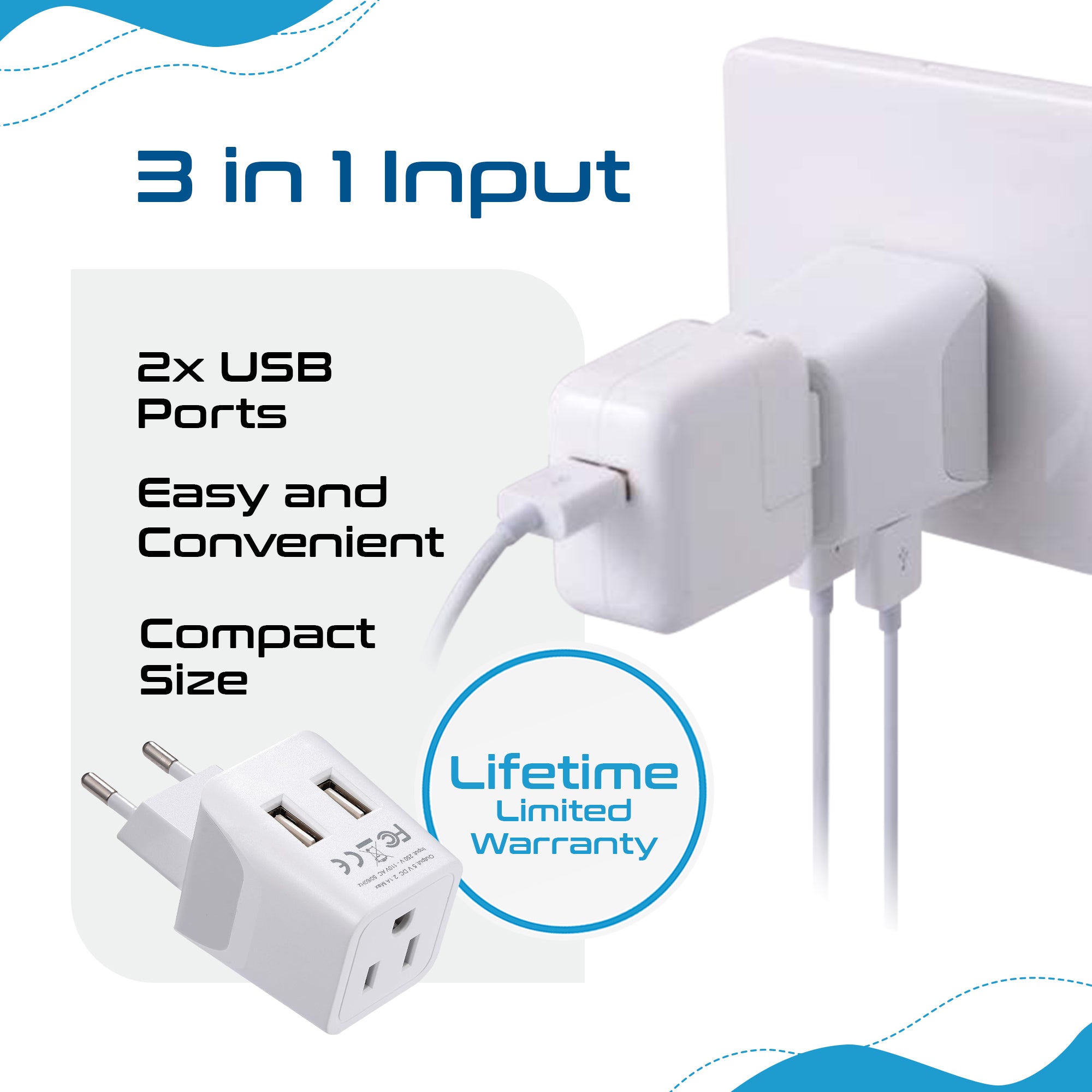 Ceptics Adaptador de enchufe europeo, enchufe de alimentación internacional  con USB y USB-C, 2 enchufes de EE. UU., QC 3.0 y PD - Adaptador de salida