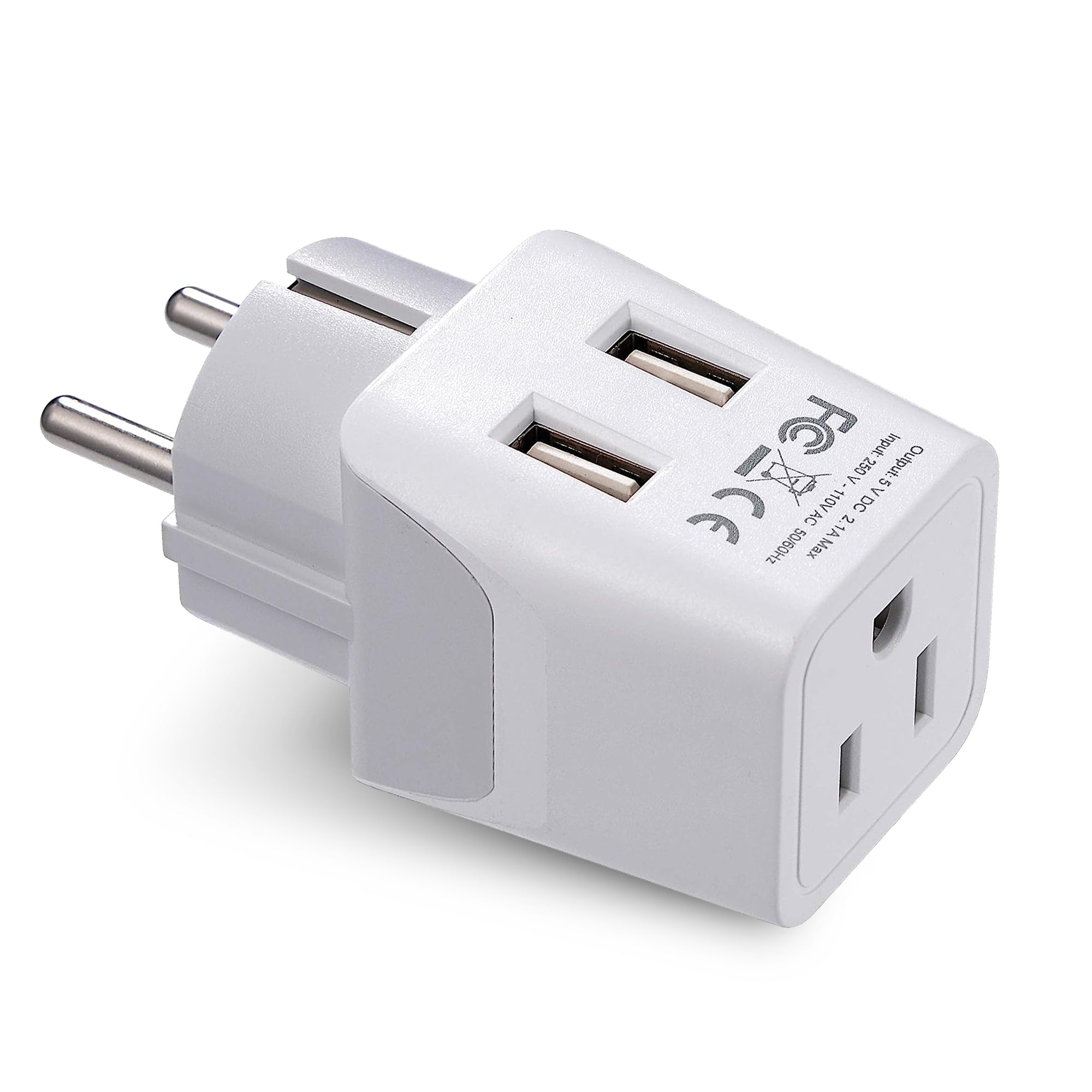 Ceptics Schuko, Germany, France, Spain Travel Adapter Plug with Dual USB - USA 