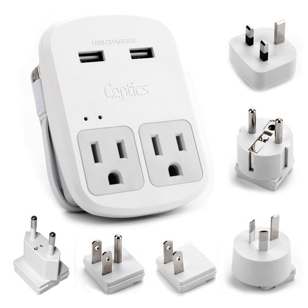 Ceptics World Travel Adapter Kit | 2 USB + 2 US Outlets - Grounded