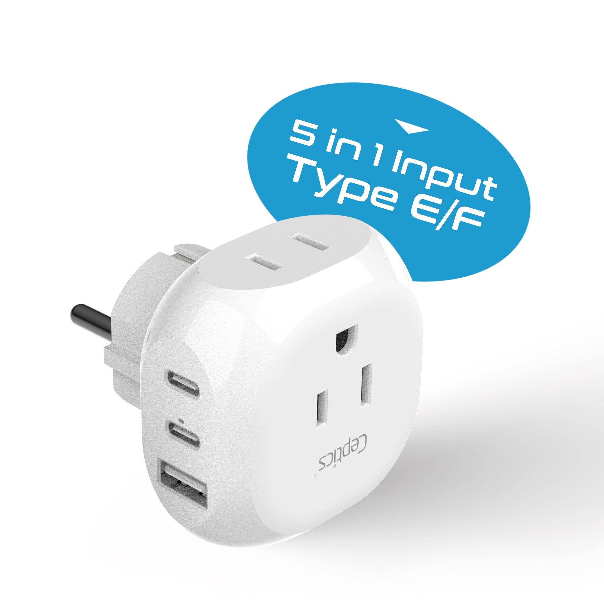 European Schuko Travel Plug Adapter - Type E/F - 5 in 1 - Ultra Compact  (PTU-9)