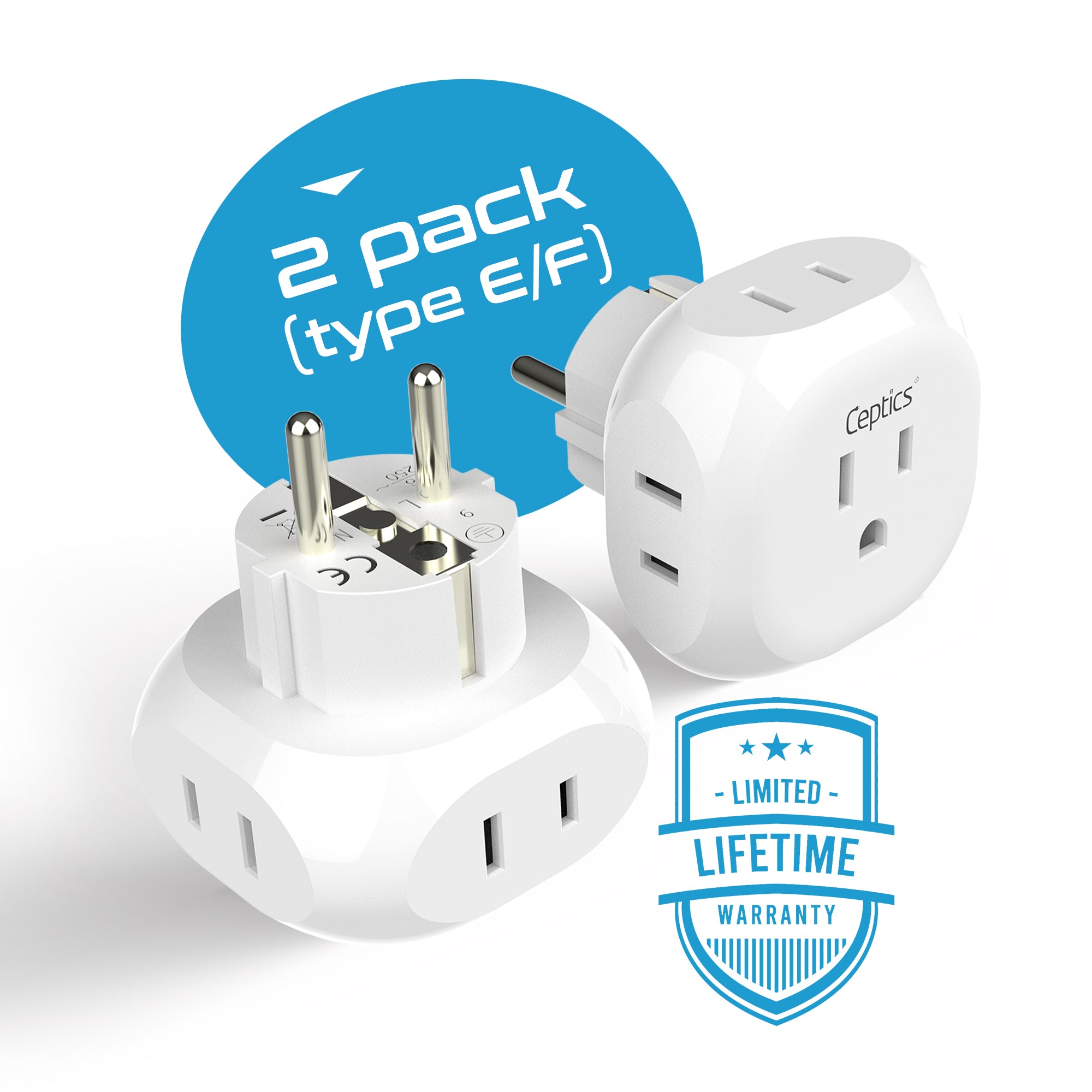European Schuko Travel Plug Adapter by Ceptics Germany France 2 Pack, White