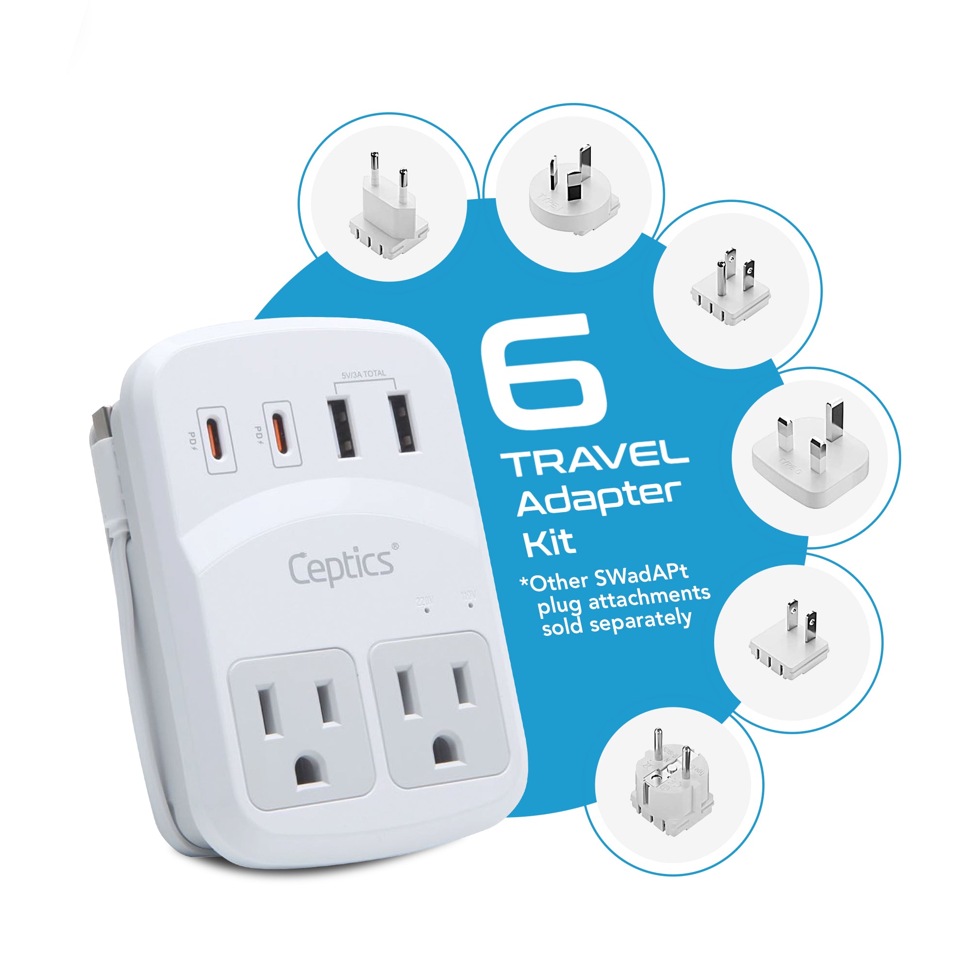 Ceptics World Travel Adapter Kit 2 USB-A USB-C US Outlets 20w/qc 18W Power Delivery Surge Protection SWadAPt Compatible for Europe UK China Australia