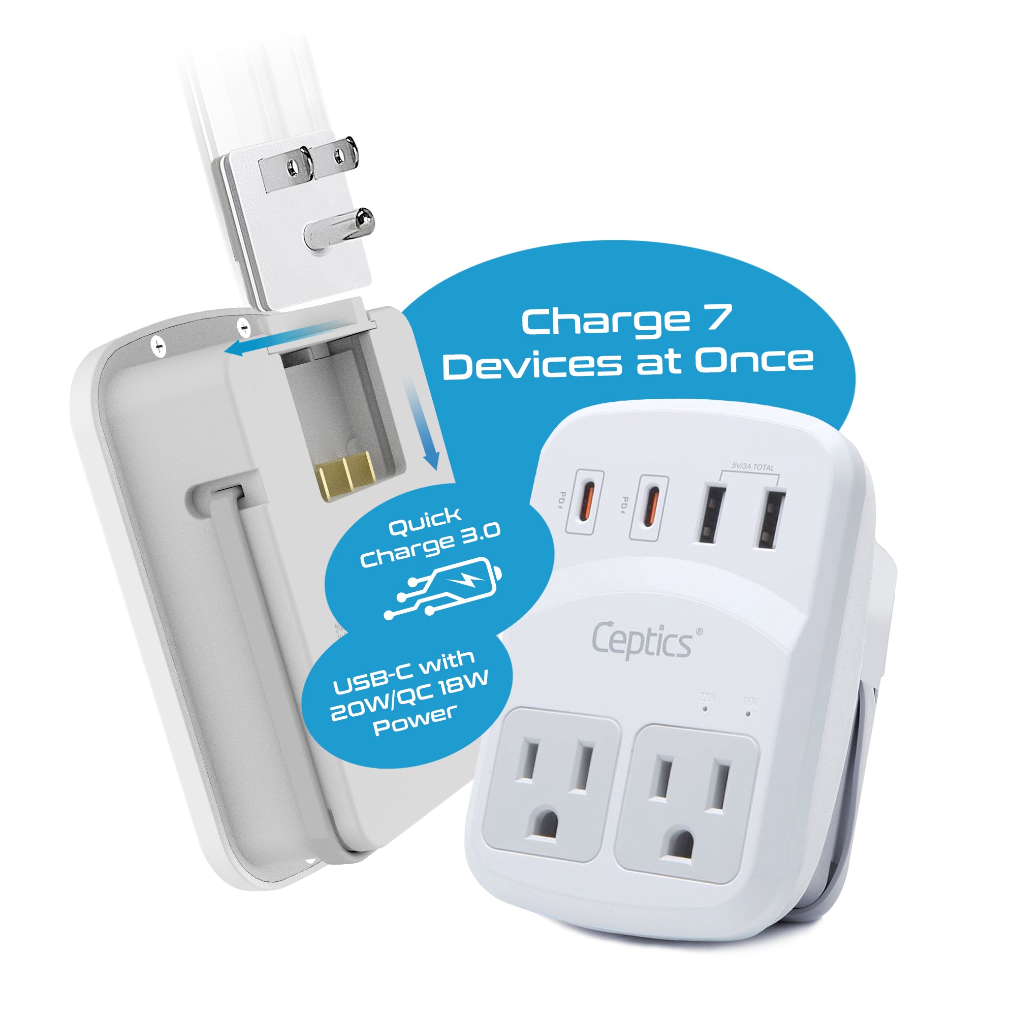 Ceptics World Travel Adapter Kit 2 USB-A USB-C US Outlets 20w/qc 18W Power Delivery Surge Protection SWadAPt Compatible for Europe UK China Australia