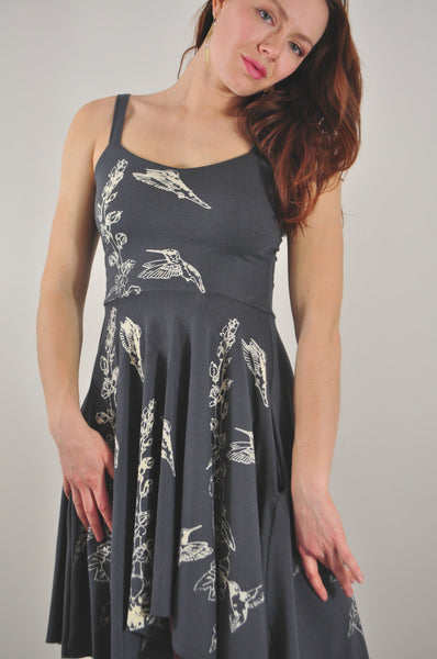 Sweetheart Pocket Dress with Hummingbird and Hollyhock Print