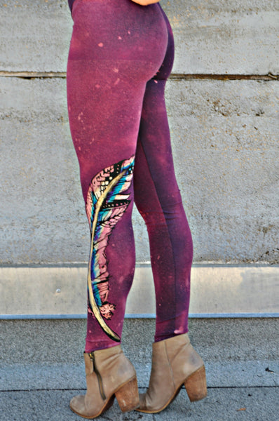 Distressed Purple Painted Feather Jersey Leggings