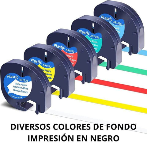 Cinta para Etiquetadora Rotuladora Dymo LT LetraTag 12mm x 4m Plástica Blanca 91331 colores blanco, rojo, amarillo, azul, verde, transparente