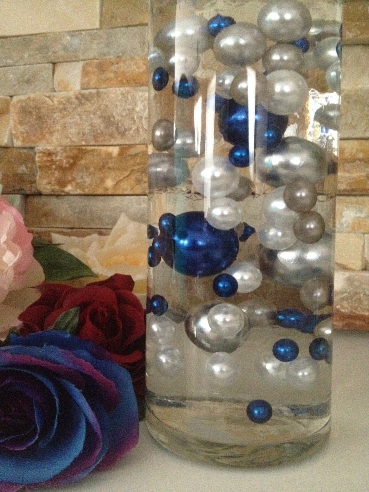 diy floating pearl centerpiece vase filler pearls royal blue white light silver pearls 80 jumbo mix size pearls