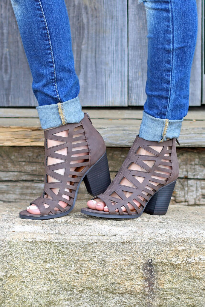 Caged Strappy Peep Toe Booties - Brown 