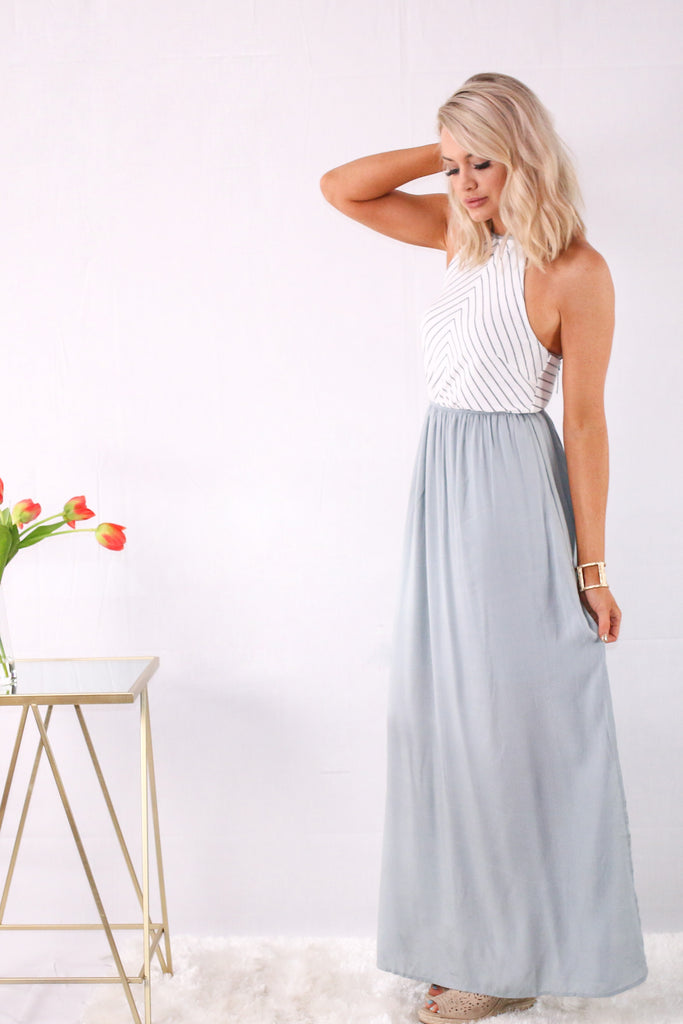 grey and white striped maxi dress