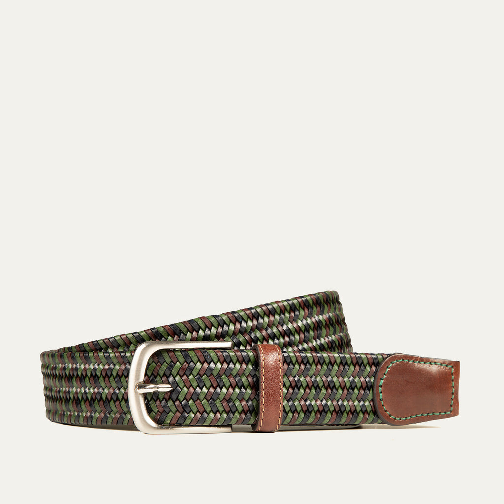 Braided Woven Leather Belt Green Tan