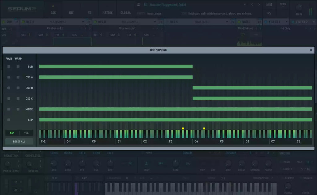 Serum 2 OSC Mapping window showing keyboard split.