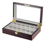 12 Slots High Gloss Cherry Wood Finished Transparent Top Lid Watch Box with Lock & Key