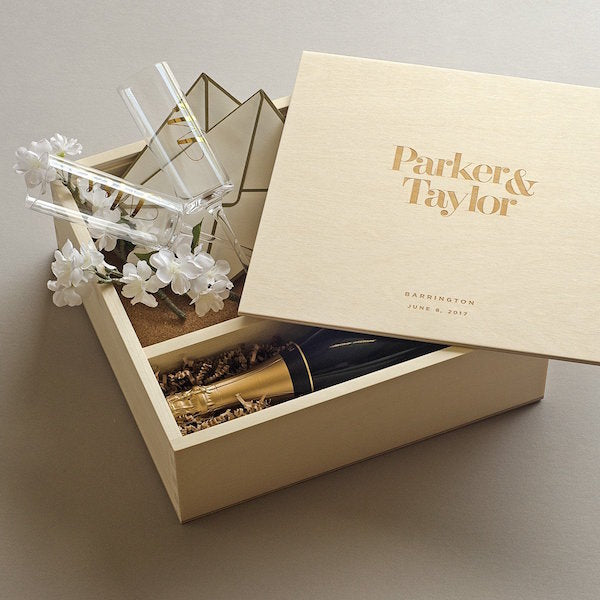 wine box for wedding ceremony with letters and wine glasses