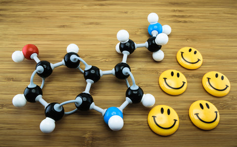 photo of serotonin molecule and happy faces.