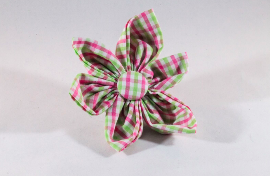 Preppy Pink and Green Gingham Girl Dog Flower Bow Tie Collar