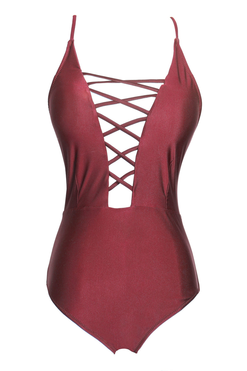 Solid Color Sexy Lace Up Low Cut One Piece Swimsuit Wealfeel