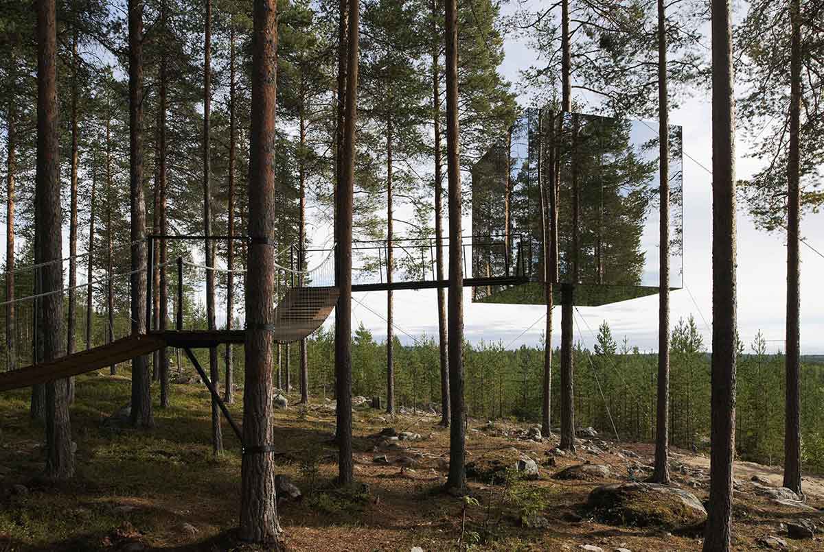 The Treehotels in Swedish Lapland are a series of unique, design-led spaces perched in the trees, offering a unique vantage point to enjoy the Northern Lights.