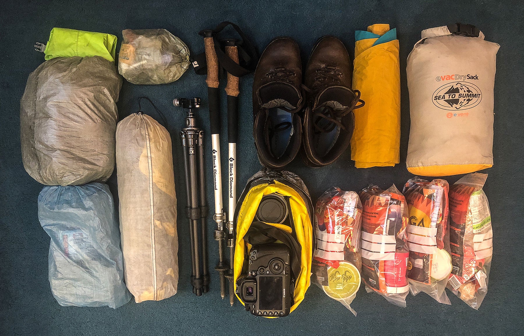 Lay-flat shot of Quintin's wild camping kit