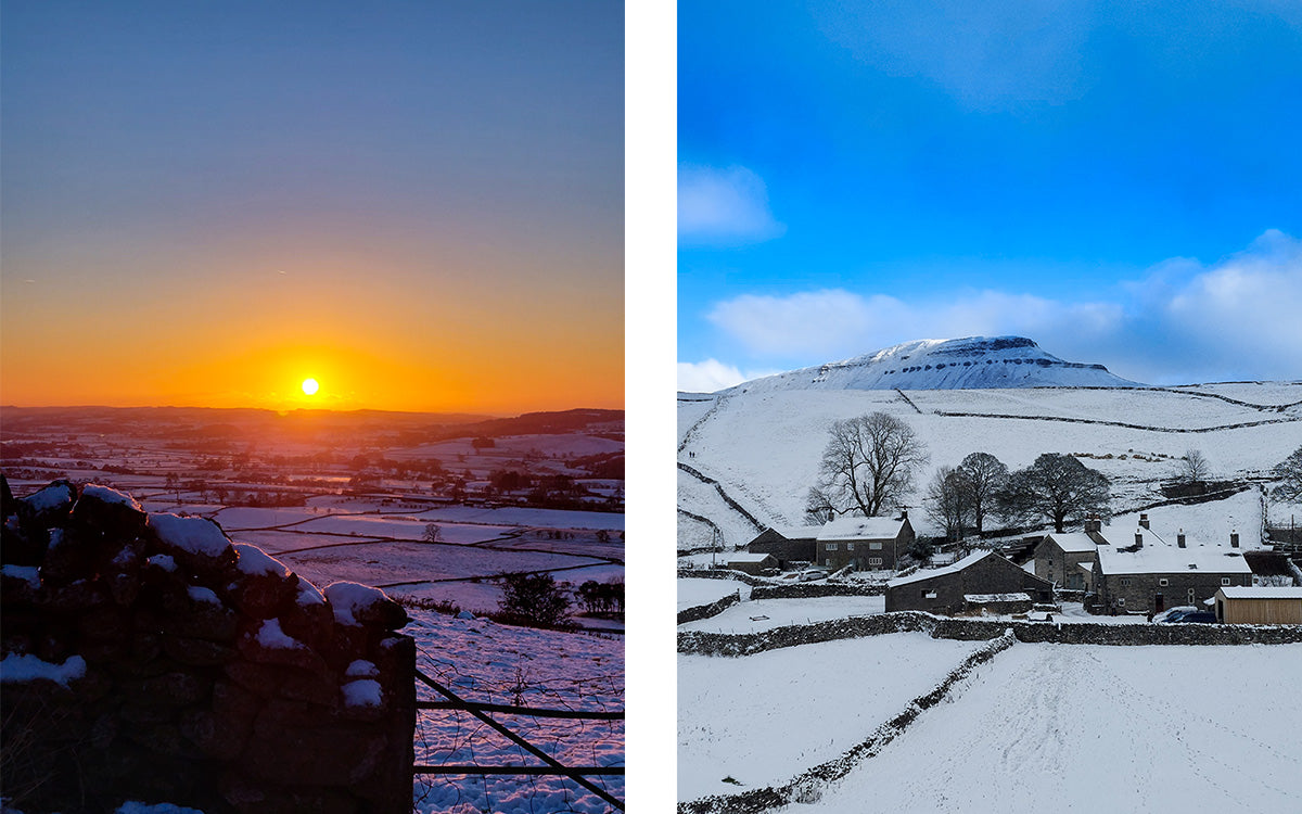 Sunset in the Lune Valley (left) and the hamlet of Brackenbottom at the foot of Pen-y-Ghent (right).