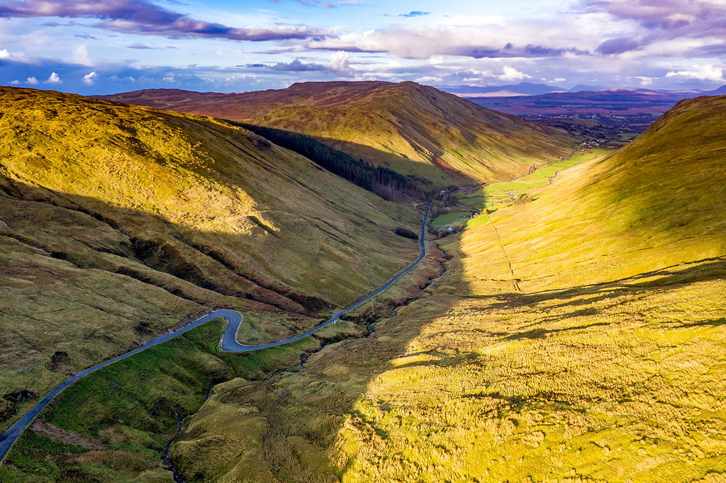 An aerial view of the iconic road called Glengesh Pass by Ardara in County Donegal, Ireland. 