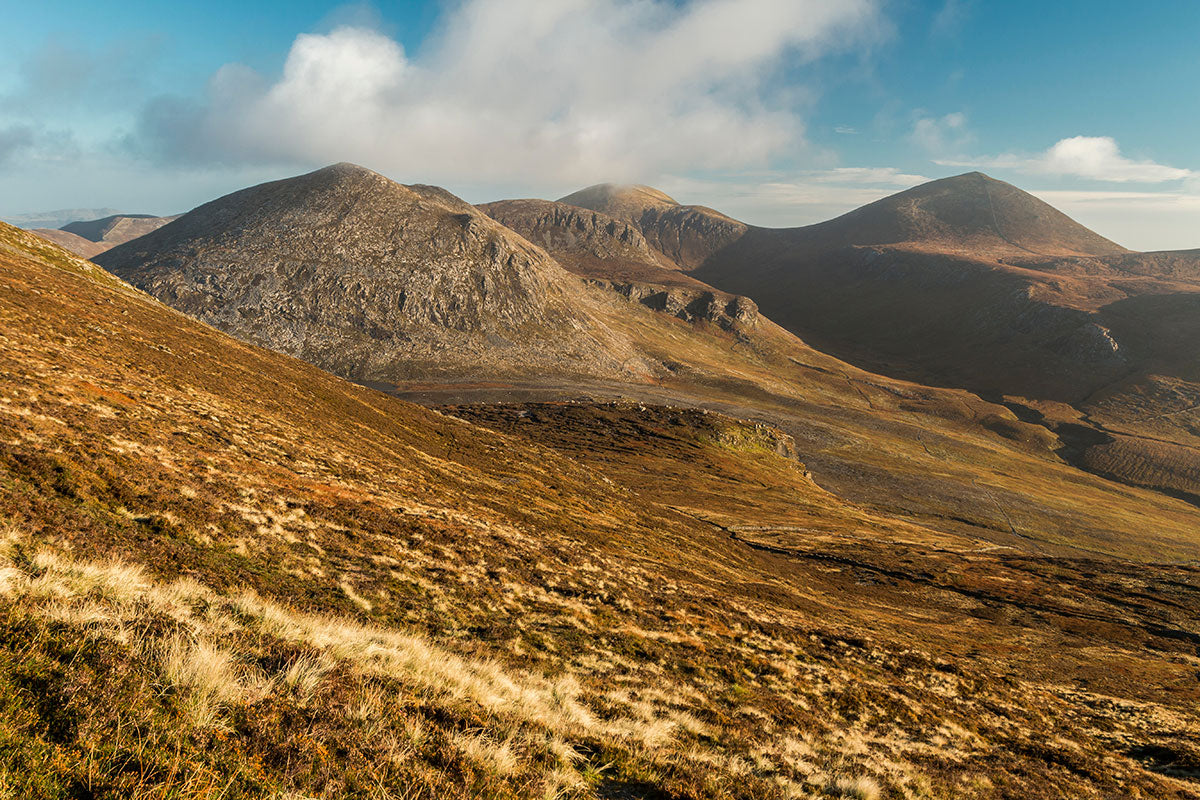 A beautiful view of bogs, valleys and hills in the Mourne Mountains in Northern Ireland