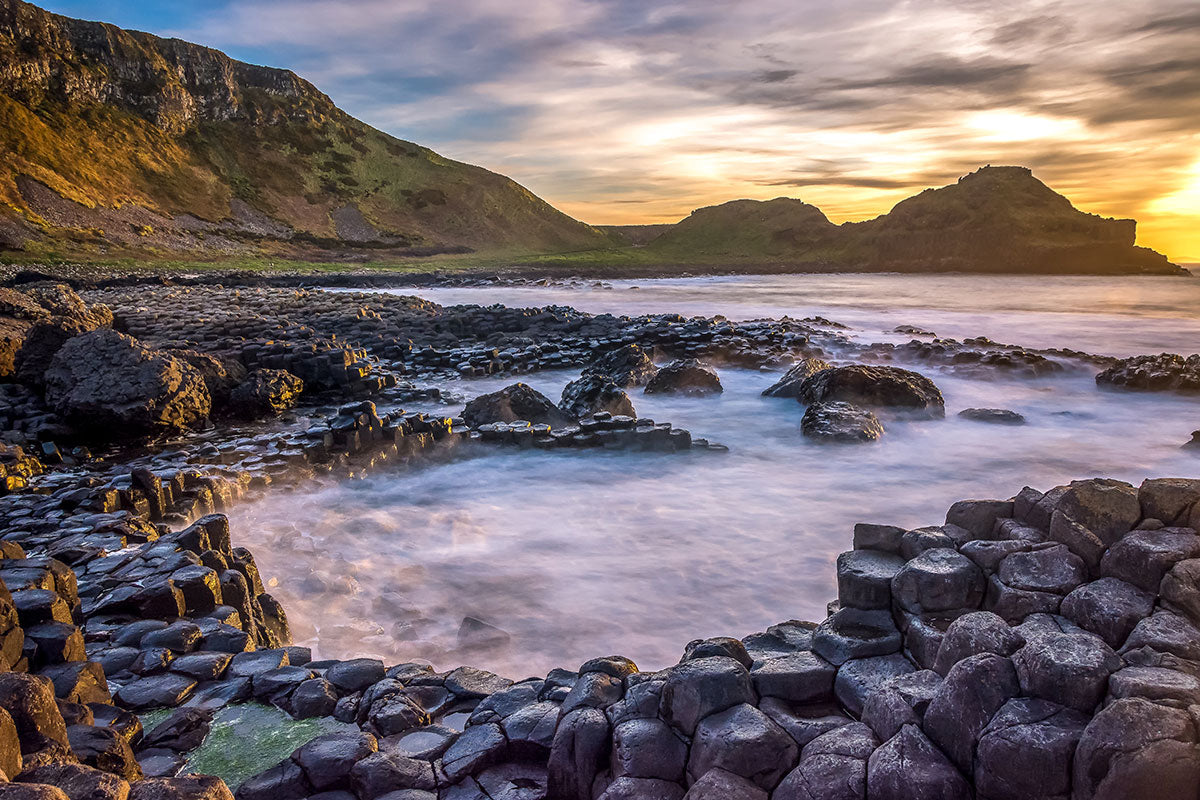 The stunning rock formations at sunrise at the Giant’s Causeway in County Antrim, Northern Ireland