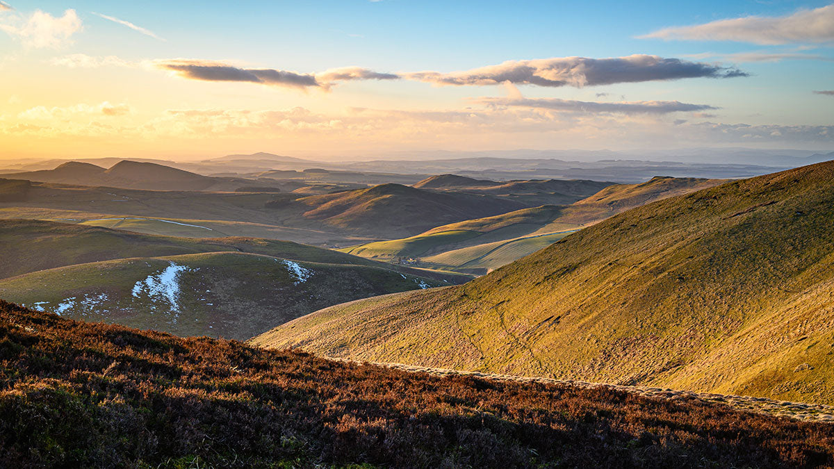 View into Scotland from the summit of Brownhart Law in the Cheviot Hills, Northumberland