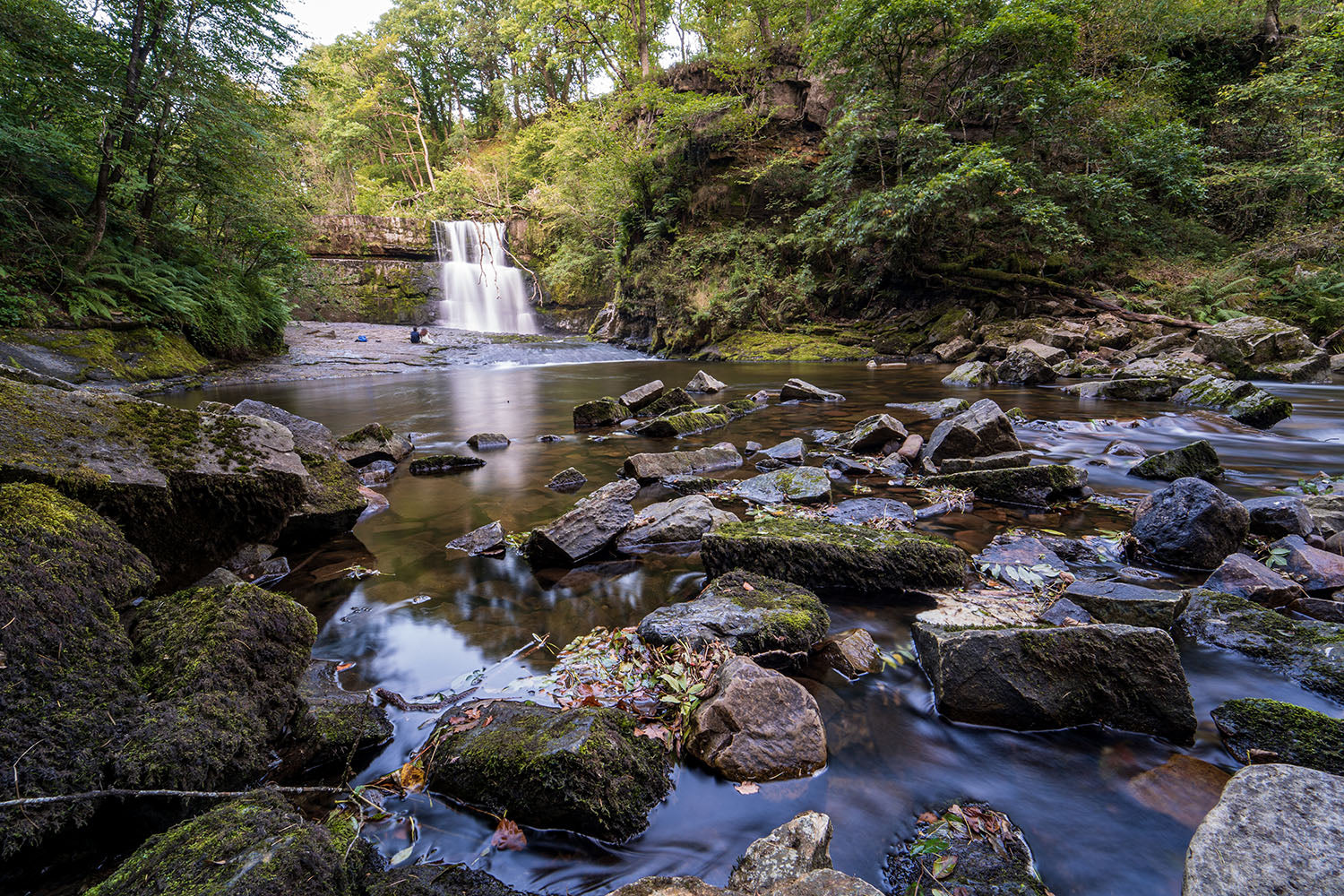 Sgwd Clun-Gwyn Waterfall in Waterfall Country in Brecon Beacons National Park and Fforest Fawr Geopark, the Vale of Neath. South Wales