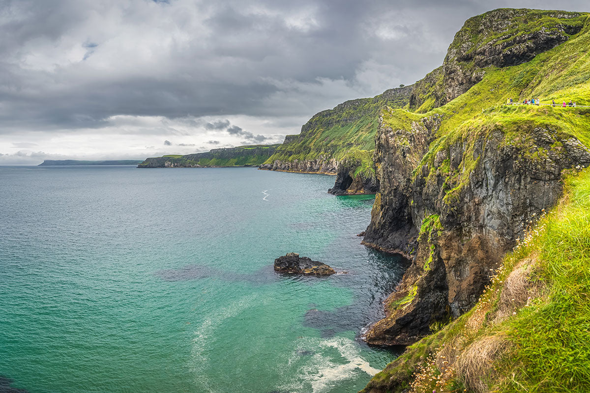 Rocky and craggy coastline views of cliffs, bird and the Atlantic sea on Rathlin Island, Northern Ireland