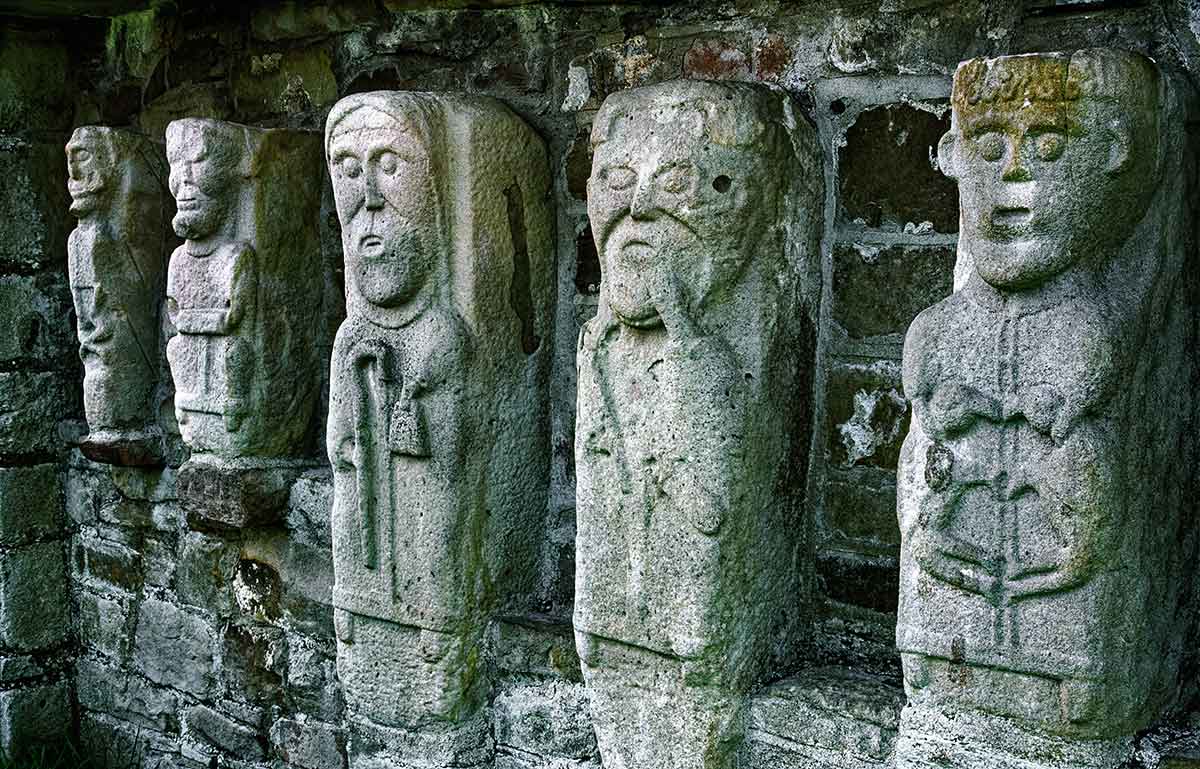 Celtic christian monastic carvings on White Island in Lough Erne, County Fermanagh, Northern Ireland.