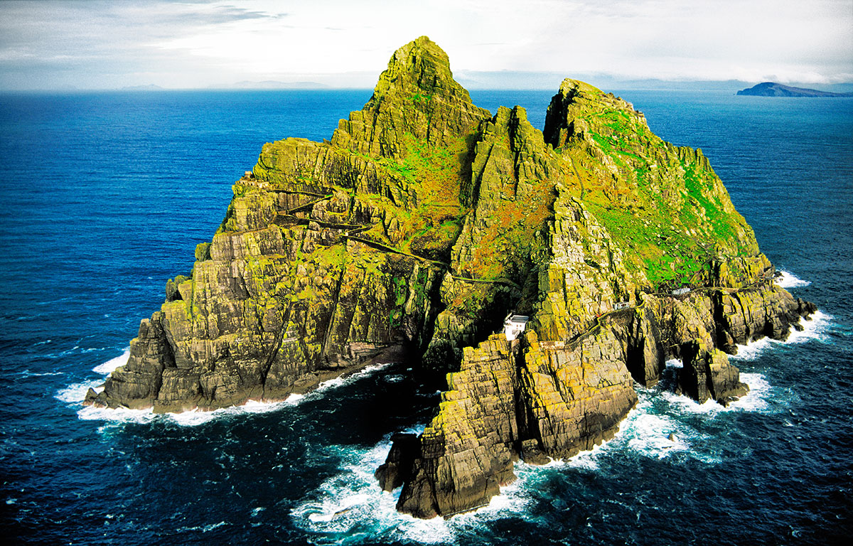 A landscape view of Skellig Michael in the Skellig Islands near the Beara peninsula in County Kerry, Ireland.