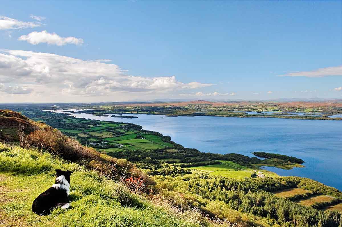 A sunny view of Fermanagh and Lower Lough Erne from the Magho Cliffs near Enniskillen, Northern Ireland.