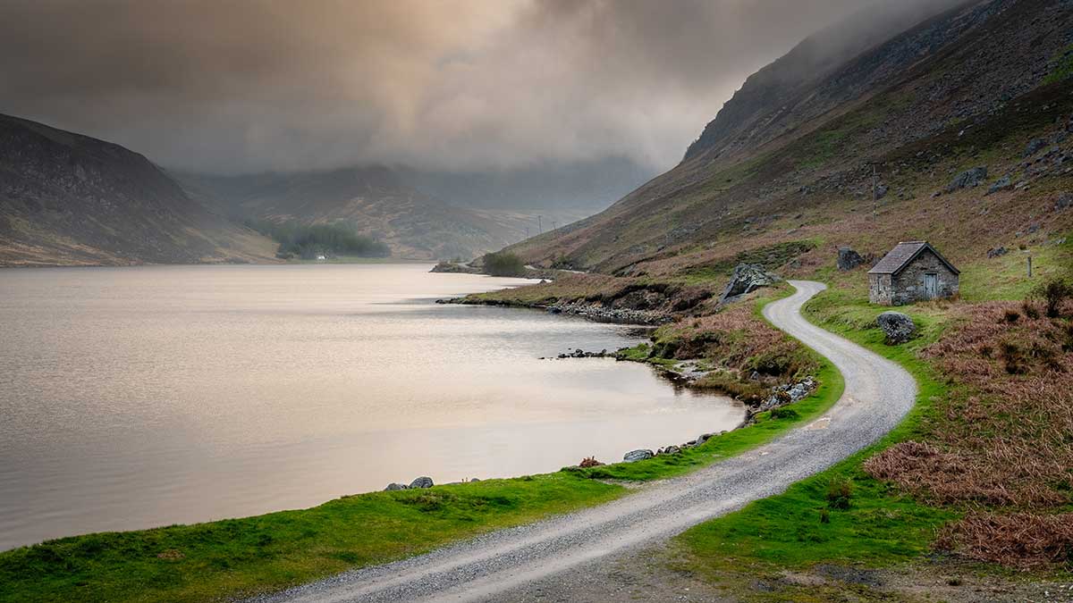 A landscape view of Loch Lee and Glen Esk in the Grampian Mountains, Scotland.