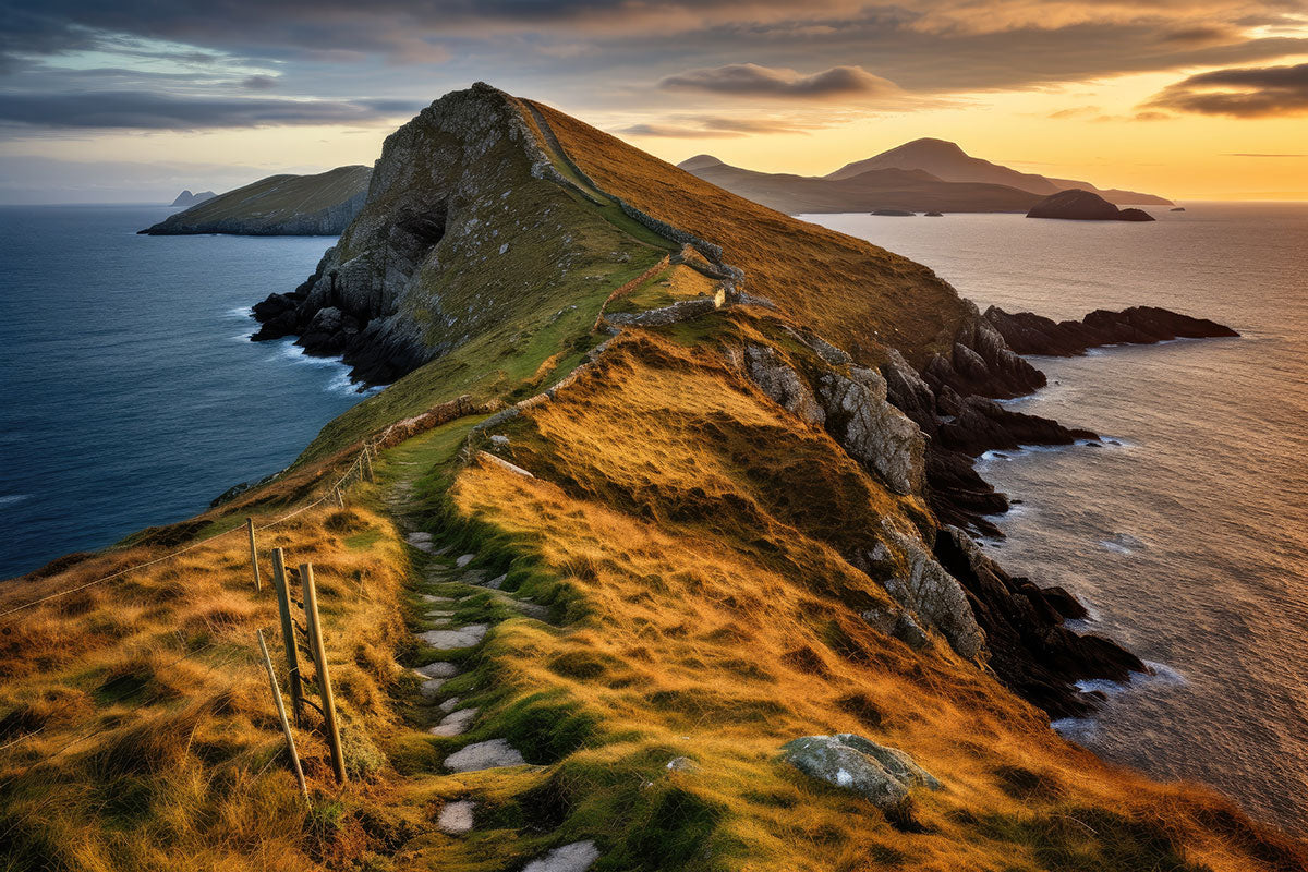 A golden hour sunset of the coastlines of Valentia Island and the Dingle Peninsula in County Kerry, Ireland