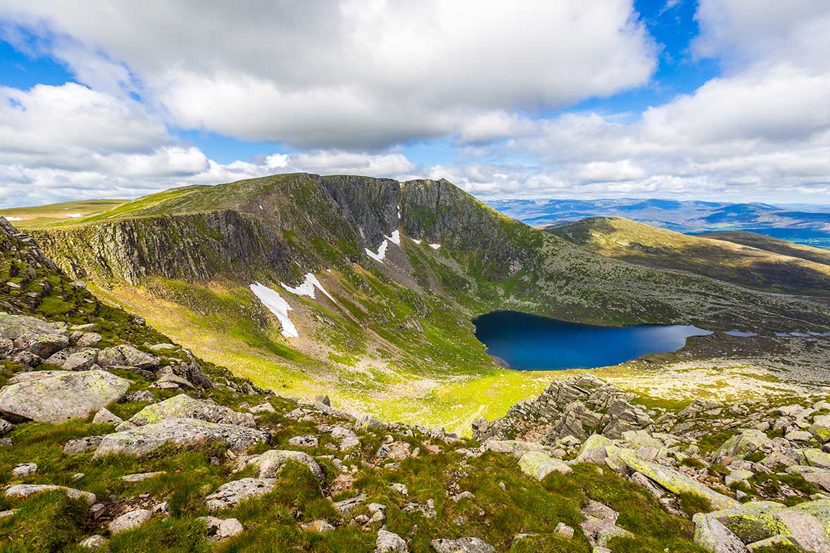 A landscape view of Lochnagar in the Cairngorms National Park in Scotland