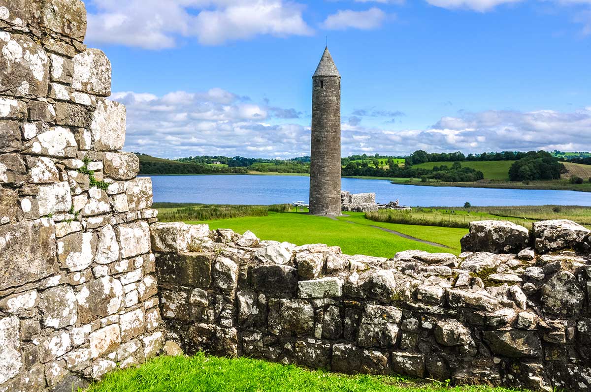 A round tower at the monastic site of Devenish Island on Lough Erne in County Fermanagh, Northern Ireland.