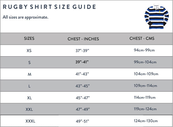 Black & Blue 1871 Rugby shirt size guide