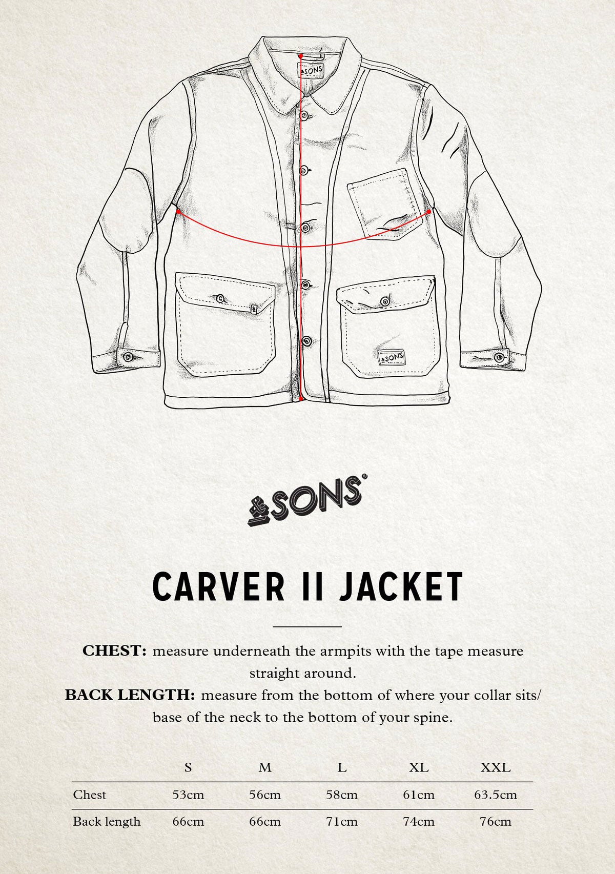 &SONS Carver II Jacket Size Guide