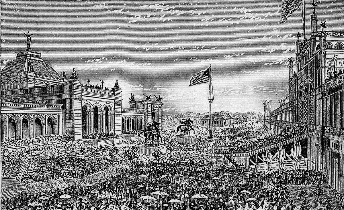 Contemporary engraving of opening day ceremonies at the Centennial International Exhibition, or World’s Fair, in Philadelphia, May 10, 1876 (Public Domain).