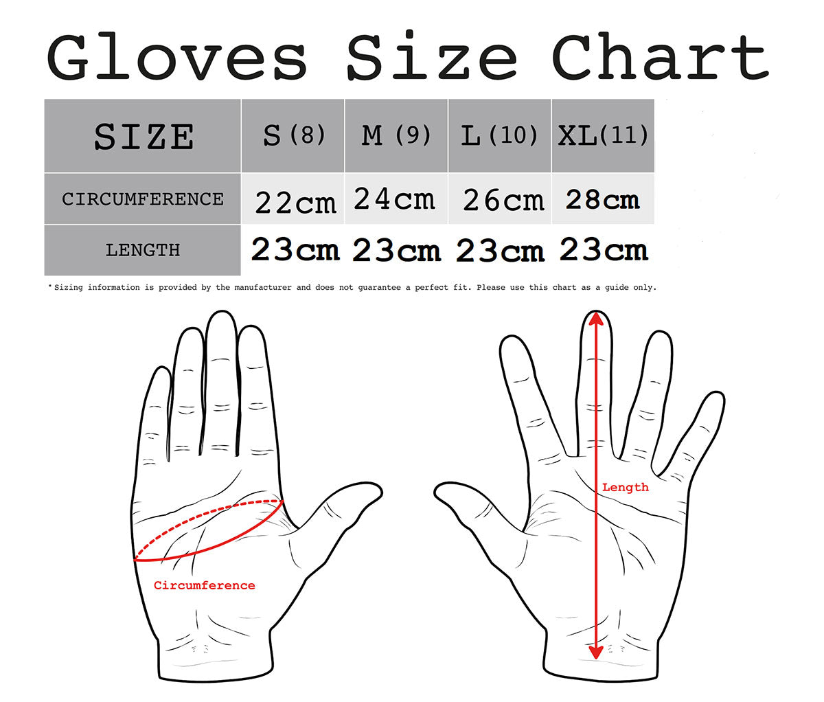 CRUD Kevlar lined Dickson gloves size guide