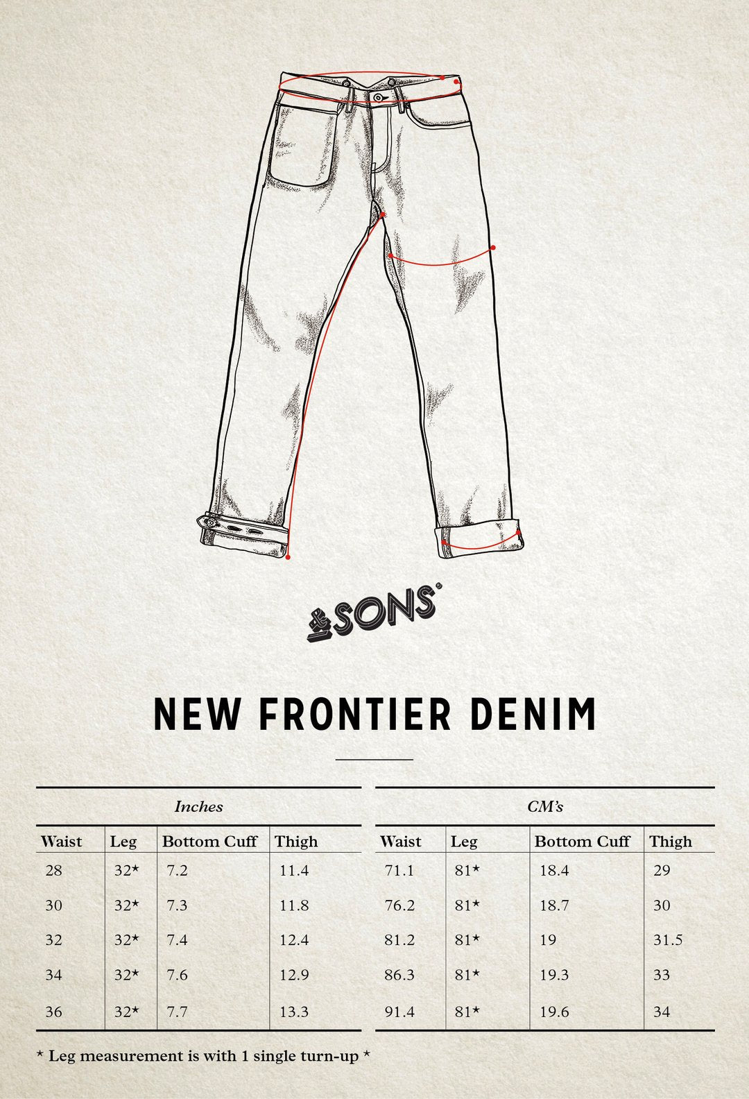 &SONS New Frontier size chart