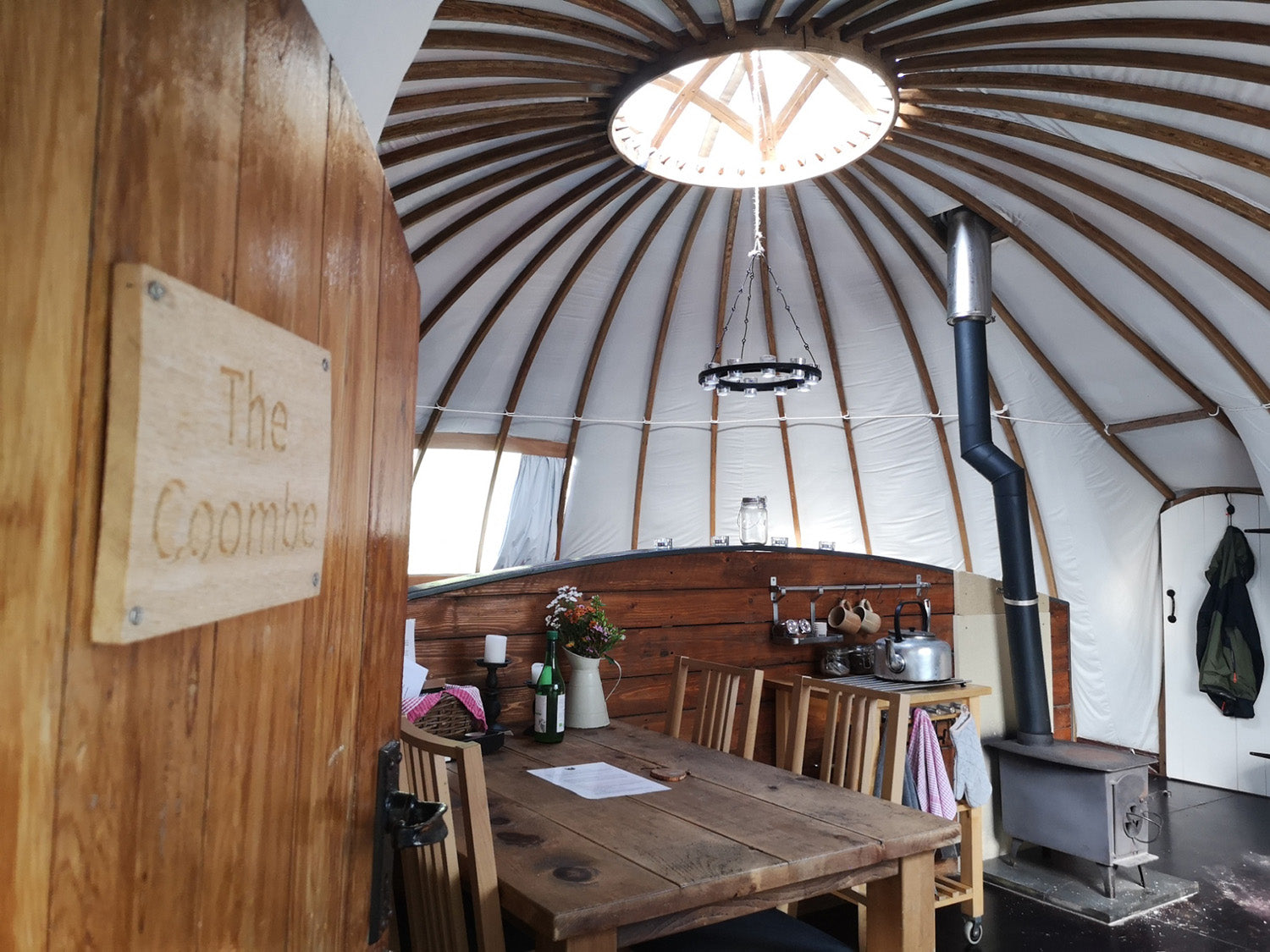 Interior of an alachigh luxury glamping tent at Penhein