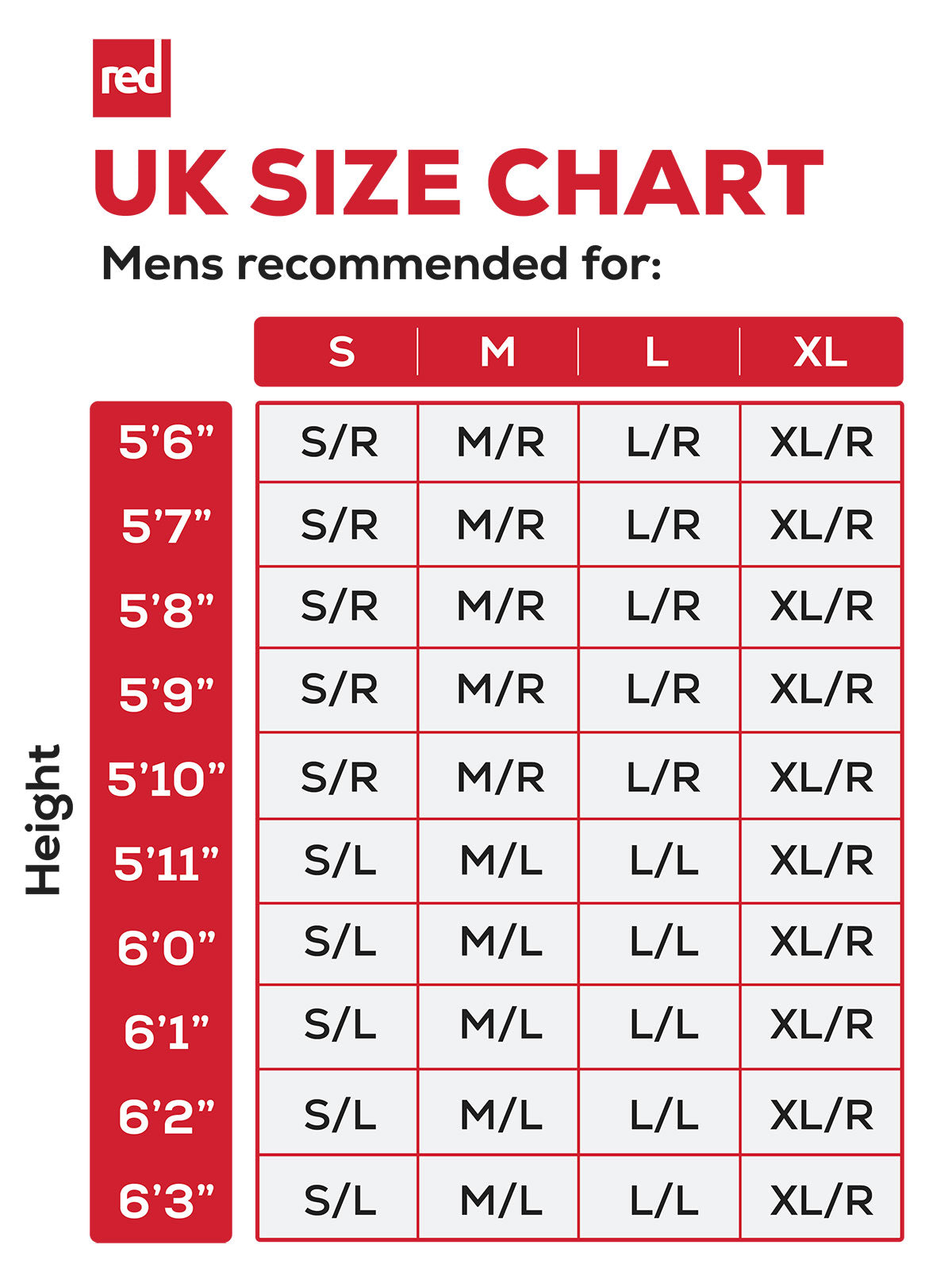 Red Paddle Pursuit Mens size guide