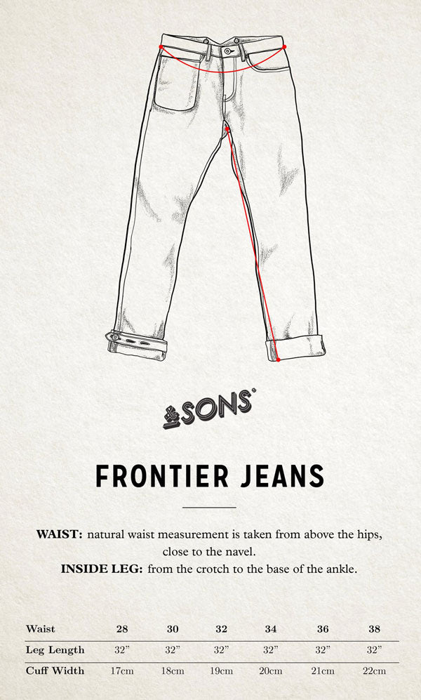&SONS Frontier Jeans size chart