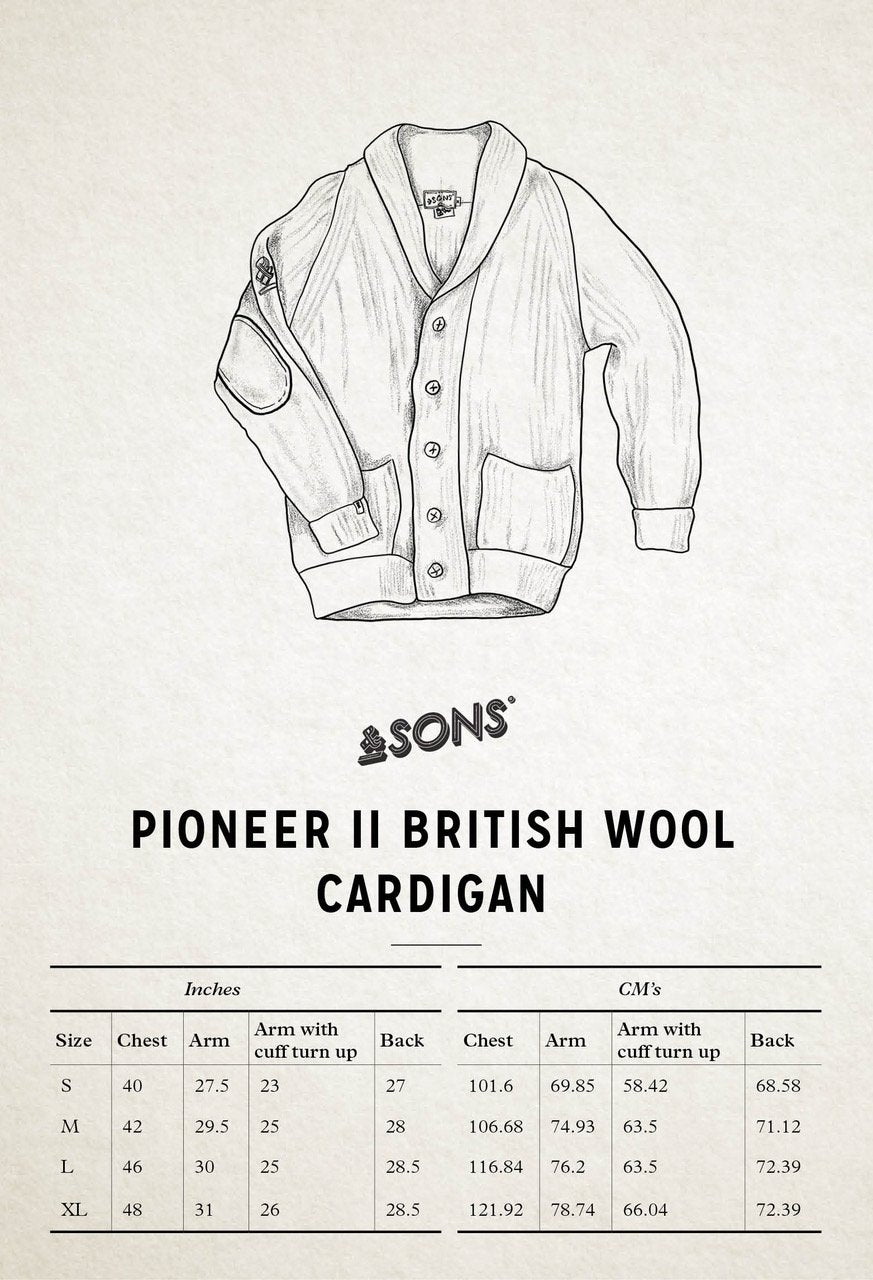 &SONS Pioneer II British Wool Cardigan Size Chart